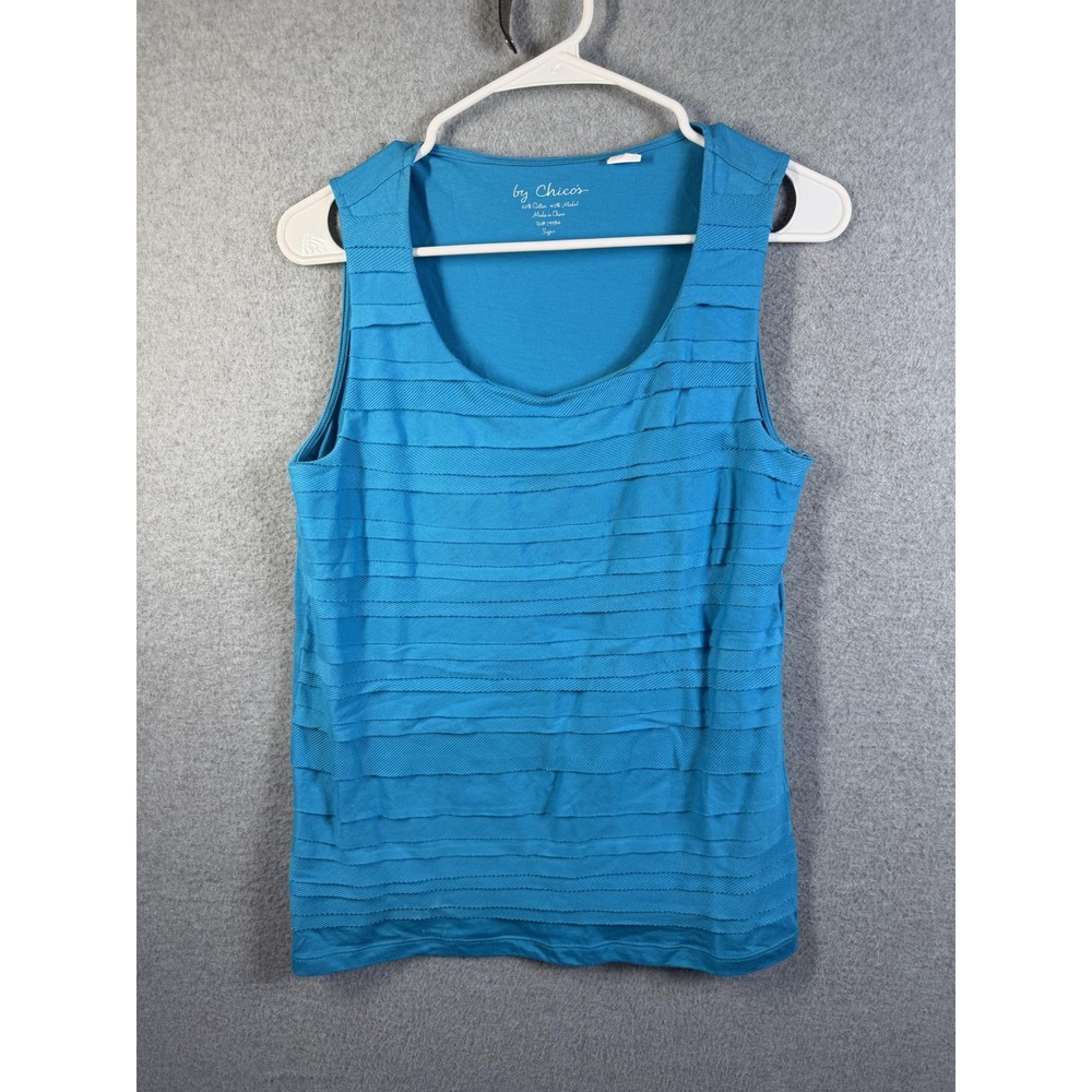 Chicos Tank‎ Top Womens US 4 (Chicos 0) Blue Textured Stripe Scoop Neck Stretch